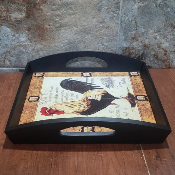 Ceramic Trivet Tile Chicken Rooster Serving Tray Cut Out Handles Wood Base Farmh - Picture 7 of 12